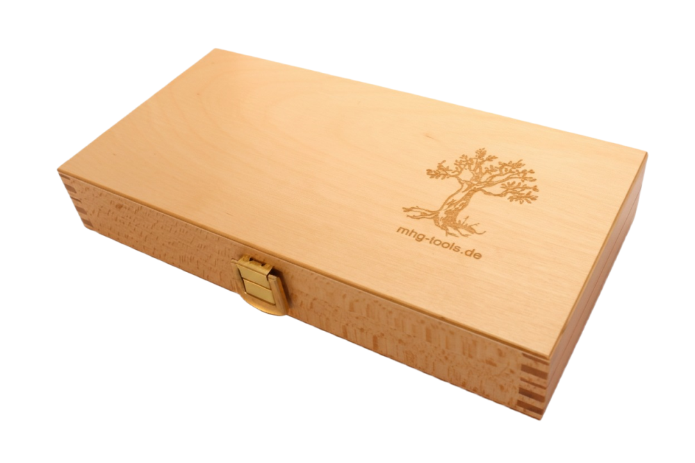MHG Kurzbeitelsatz 3-tlg im Holzkasten, Seitenfase bis Spiegelseite, Rundheft geölt mit Zwinge, Inhalt: 12, 16, 26 mm