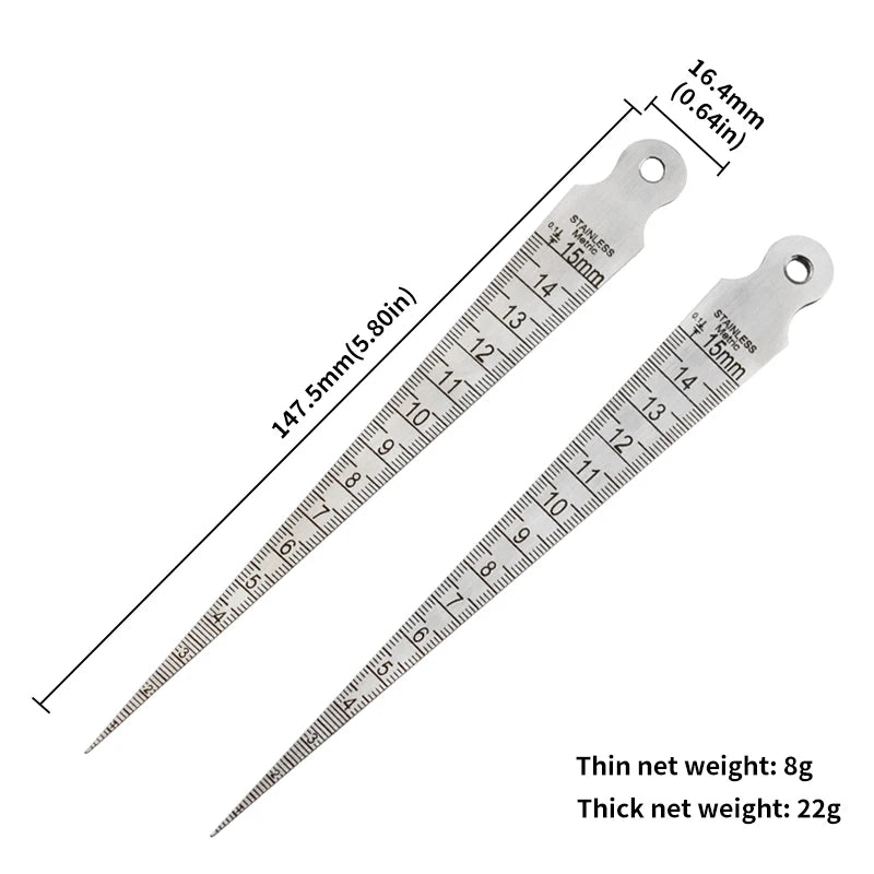 Edelstahl Messkeil 1-15mm & 1/64"-5/8" in 0,7mm und 2mm Stärke