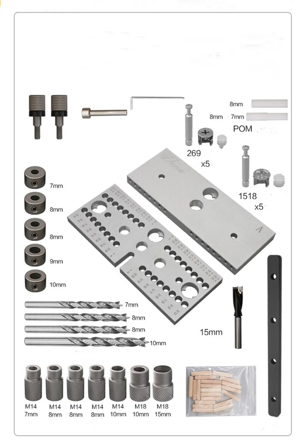 Komplettset Bohrschablone + Bohrer + C-Klemme für Dübellöcher und Excenter-Möbelverbinder