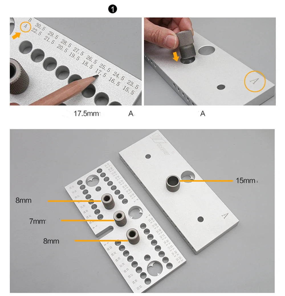 Komplettset Bohrschablone + Bohrer + C-Klemme für Dübellöcher und Excenter-Möbelverbinder