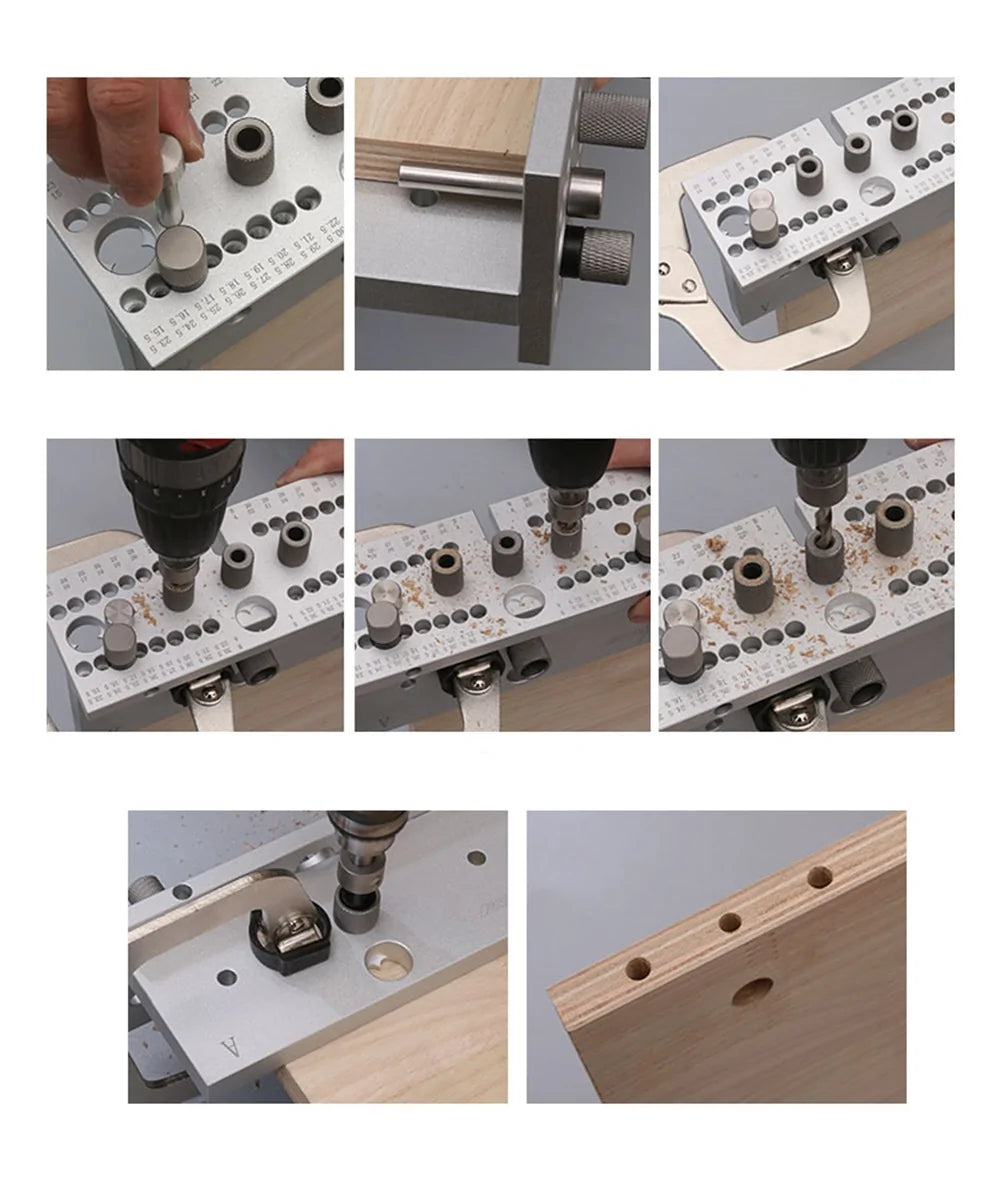 Komplettset Bohrschablone + Bohrer + C-Klemme für Dübellöcher und Excenter-Möbelverbinder