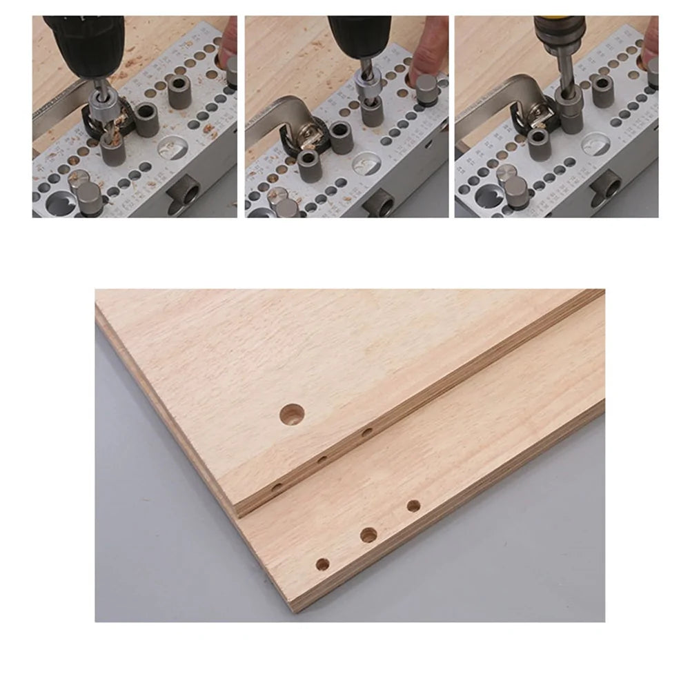 Komplettset Bohrschablone + Bohrer + C-Klemme für Dübellöcher und Excenter-Möbelverbinder